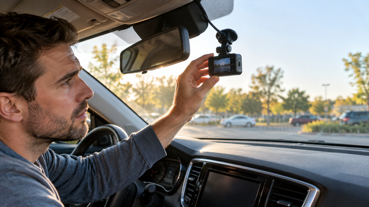 Driver checking a dash cam that stopped recording inside a parked car.