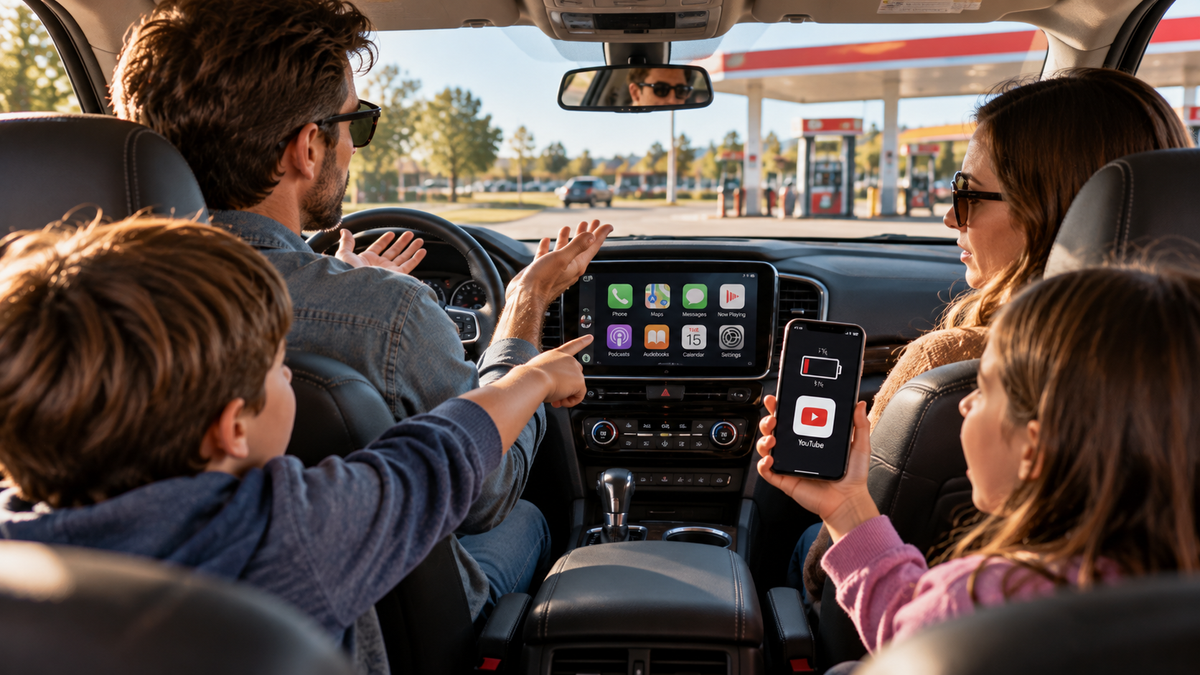 Family in a parked SUV at a gas station, with a child holding a phone showing YouTube and a low battery