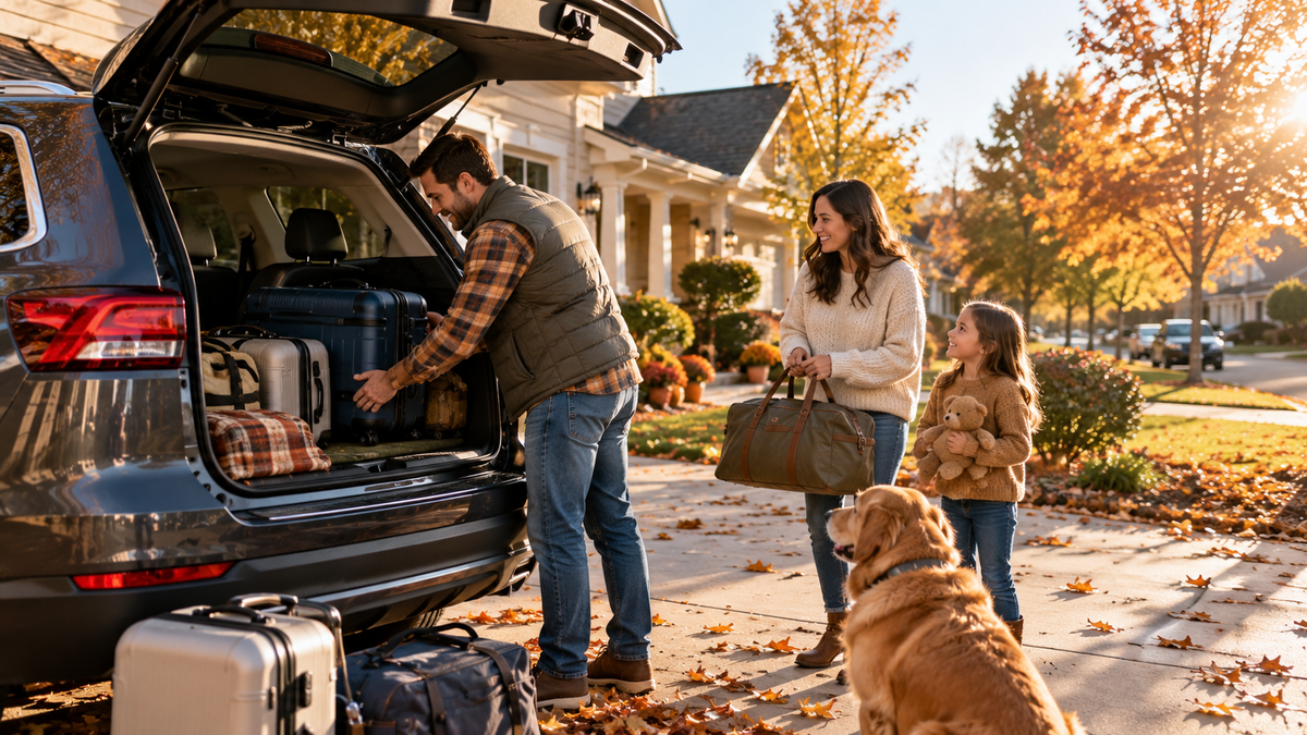American family packing an SUV for a Thanksgiving road trip in an autumn suburban driveway.