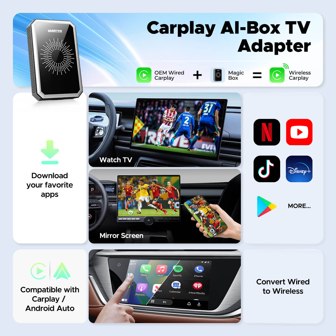 Carplay AI-Box TV Adapter with features and compatibility details on a blue and white background