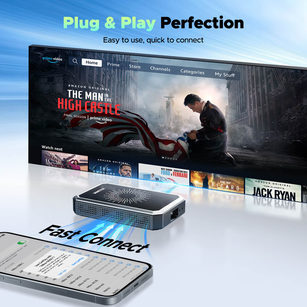 TV screen displaying a streaming platform with a projector and smartphone below.