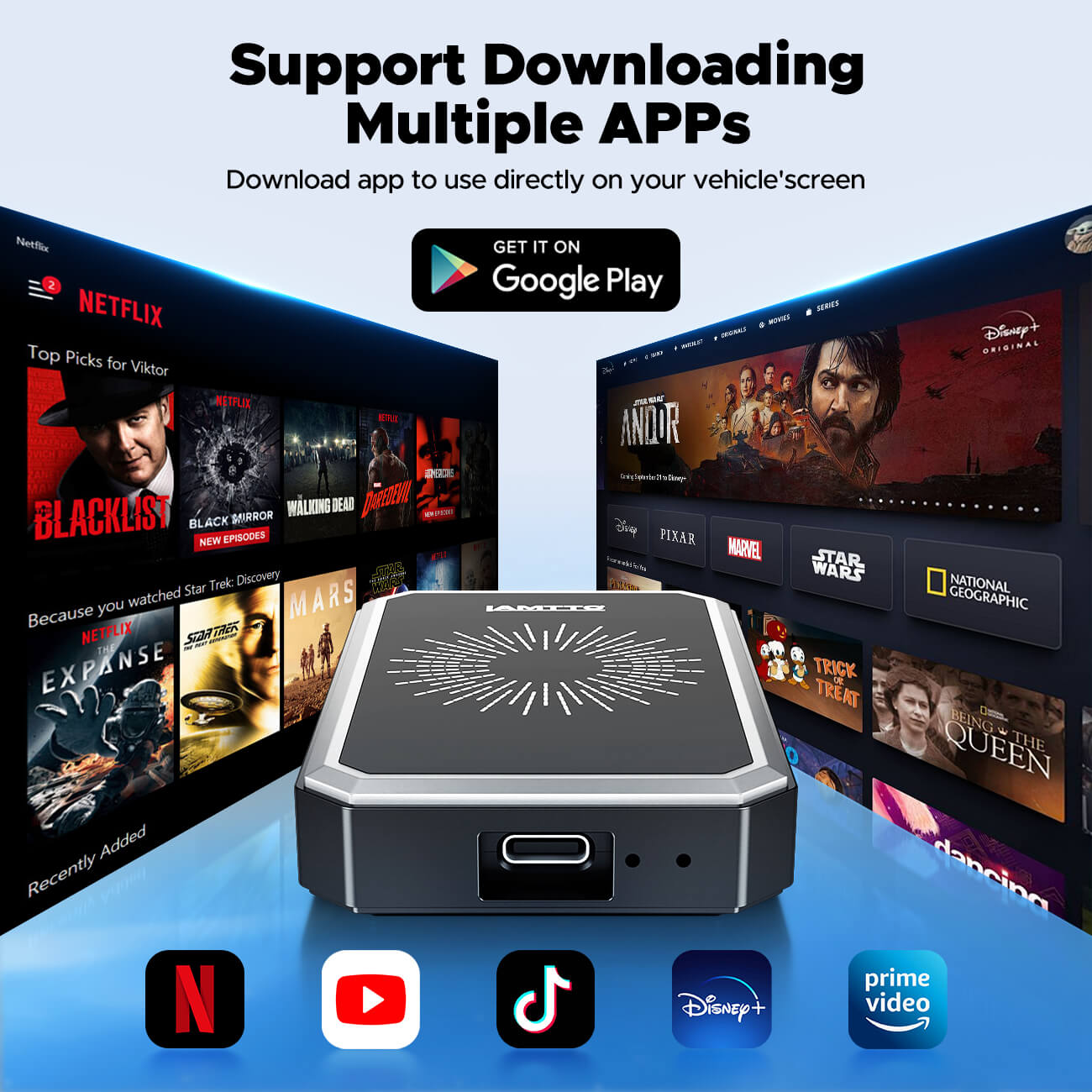 Car multimedia player with app interfaces on screens displaying popular content, featuring Google Play download button.