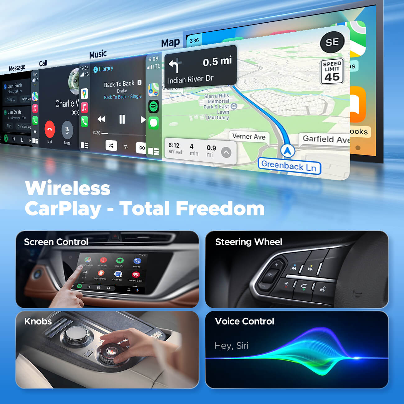 Car infotainment system with Wireless CarPlay features on a blue background