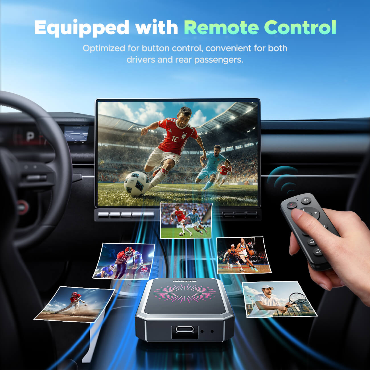 Car multimedia system with screen displaying sports footage and remote control in use.