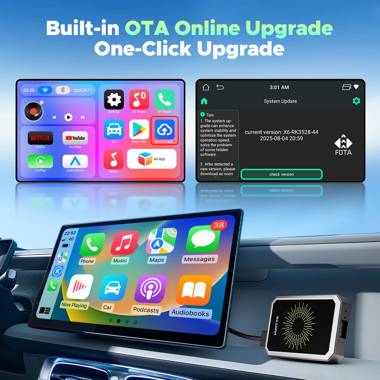 Car infotainment system with digital display and built-in OTA online upgrade feature.