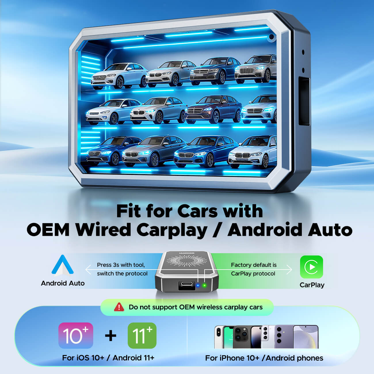Carplay adapter with images of cars on a screen against a blue gradient background