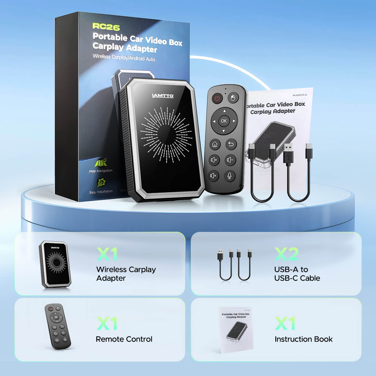 Portable car video box with accessories on a blue background