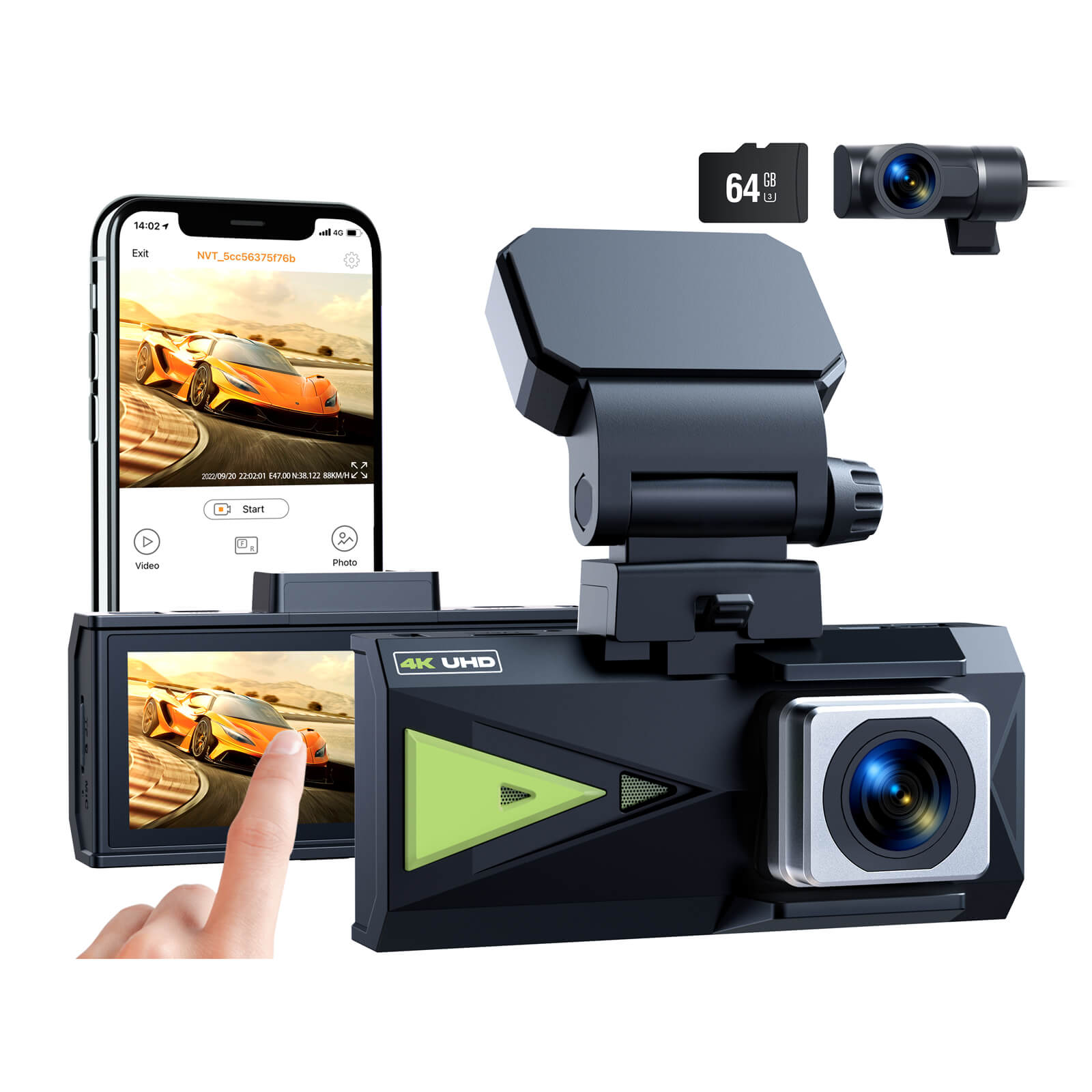 LAMTTO DC19 3.16 Inch IPS Screen 4K+4K Front & Rear WiFi GPS Dash Cam with 64GB SD Card