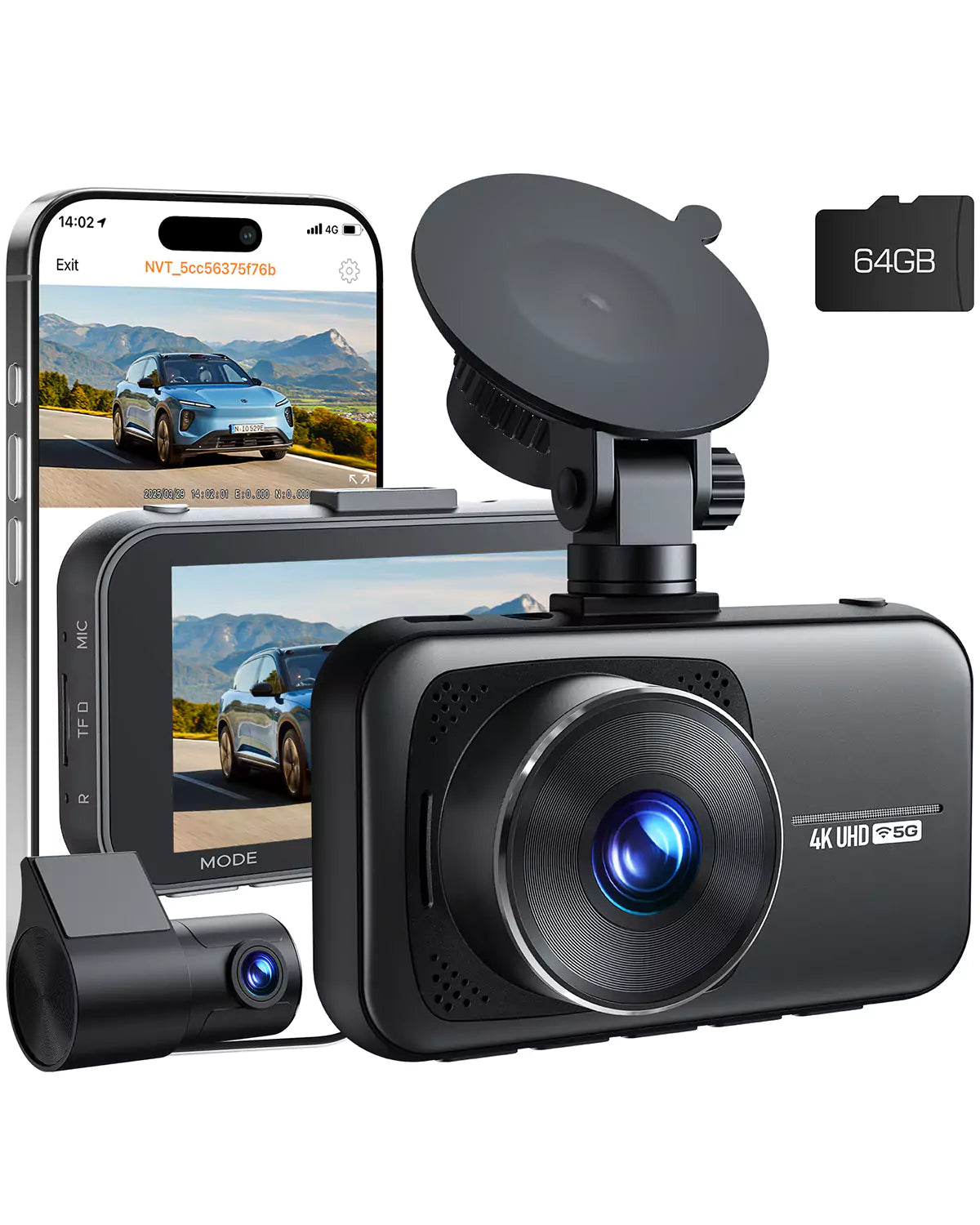 4K Front and Rear Dual Dash Cam for Cars With 64GTFU3 Card