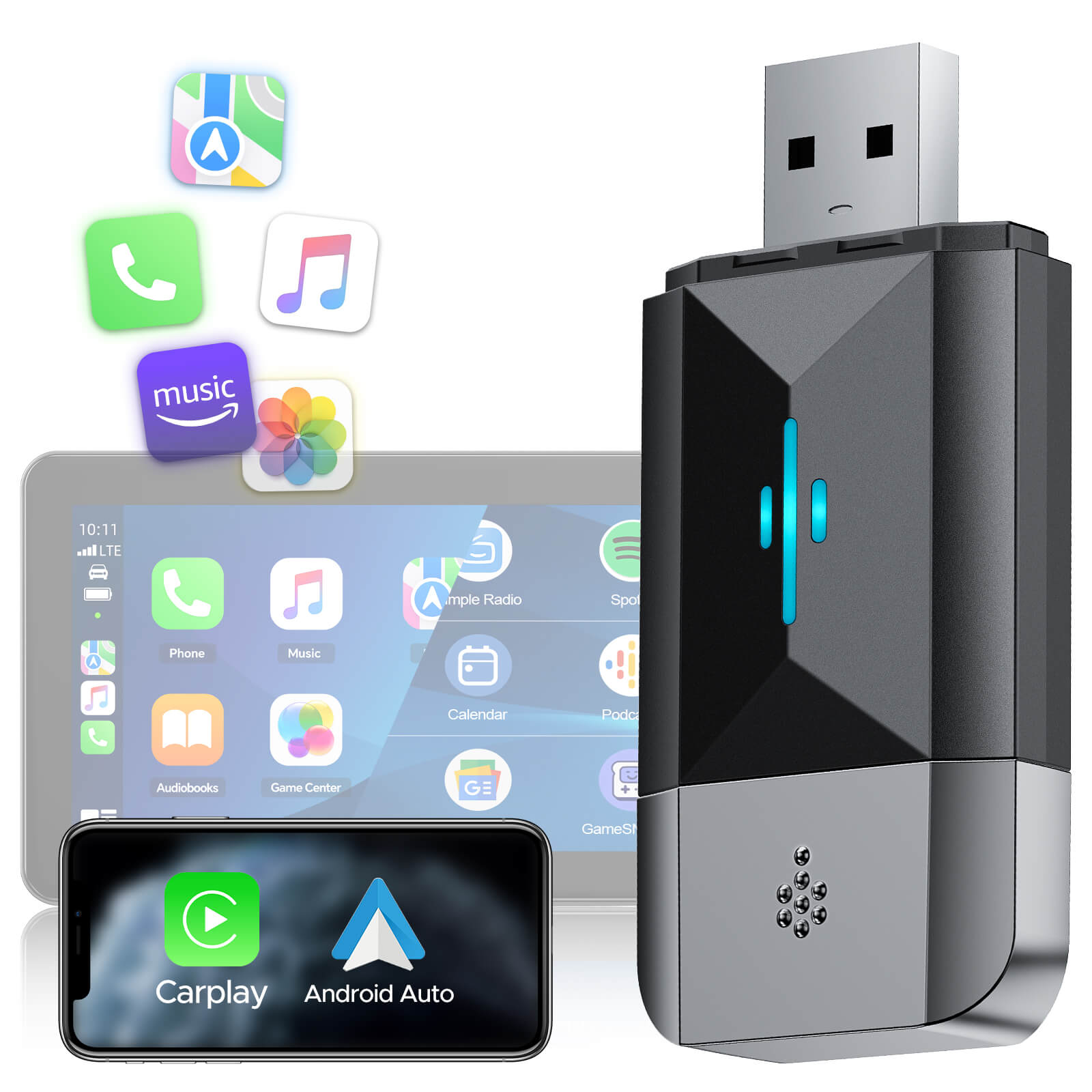 LAMTTO RC22 2 in 1 Wireless Adapter Converts Wired to Wireless for Cars, Plug & Play, iOS 10+ & Android 12+