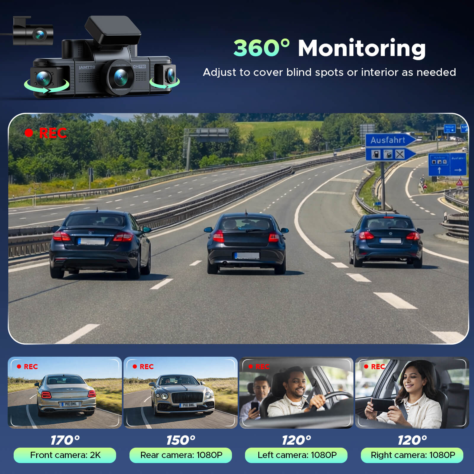 LAMTTO DC25 4-Channel Dash Cam with WiFi 360° Car Camera