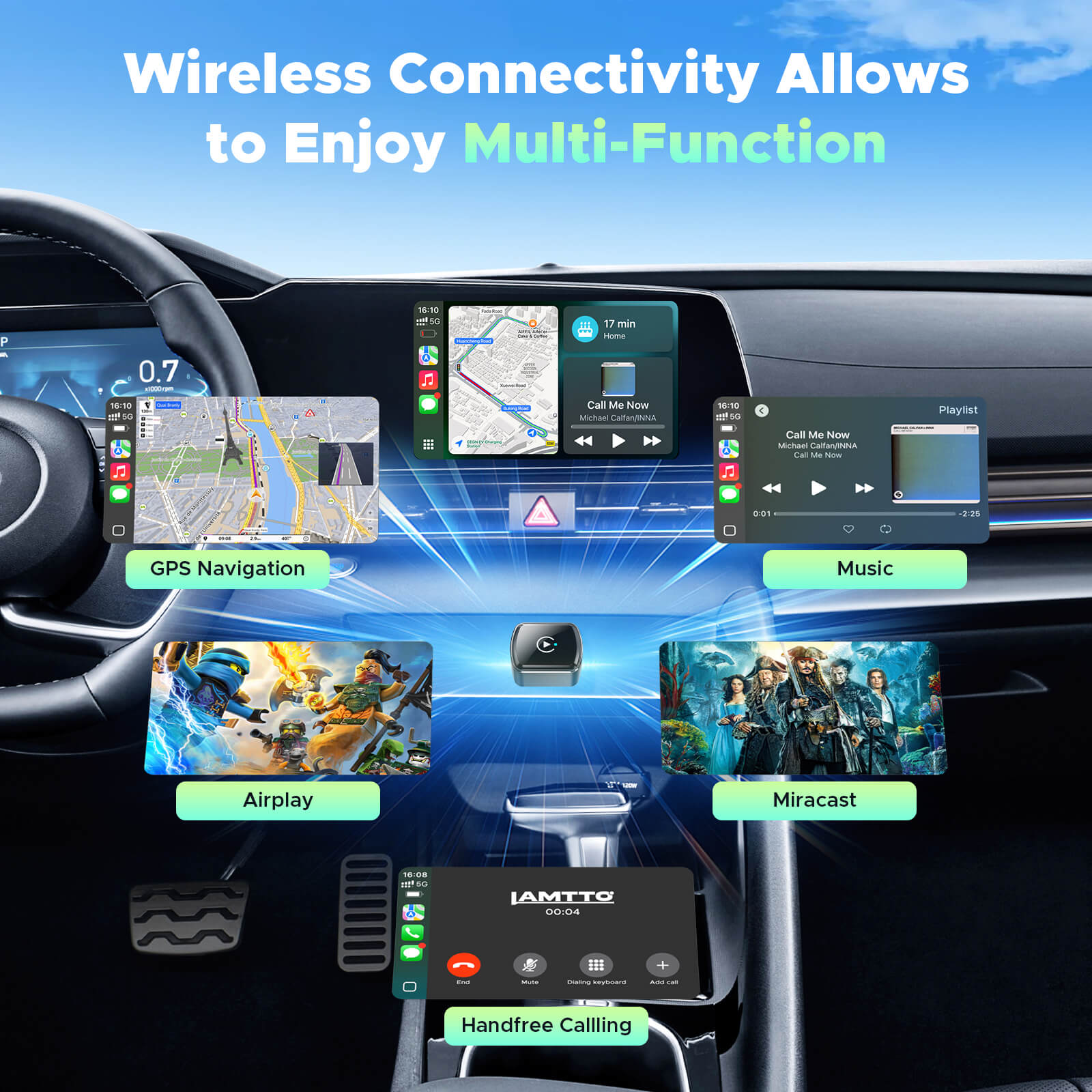 LAMTTO RC34 3 in 1 Ultra Mini Mirror Link Wireless CarPlay & Android Auto Adapter