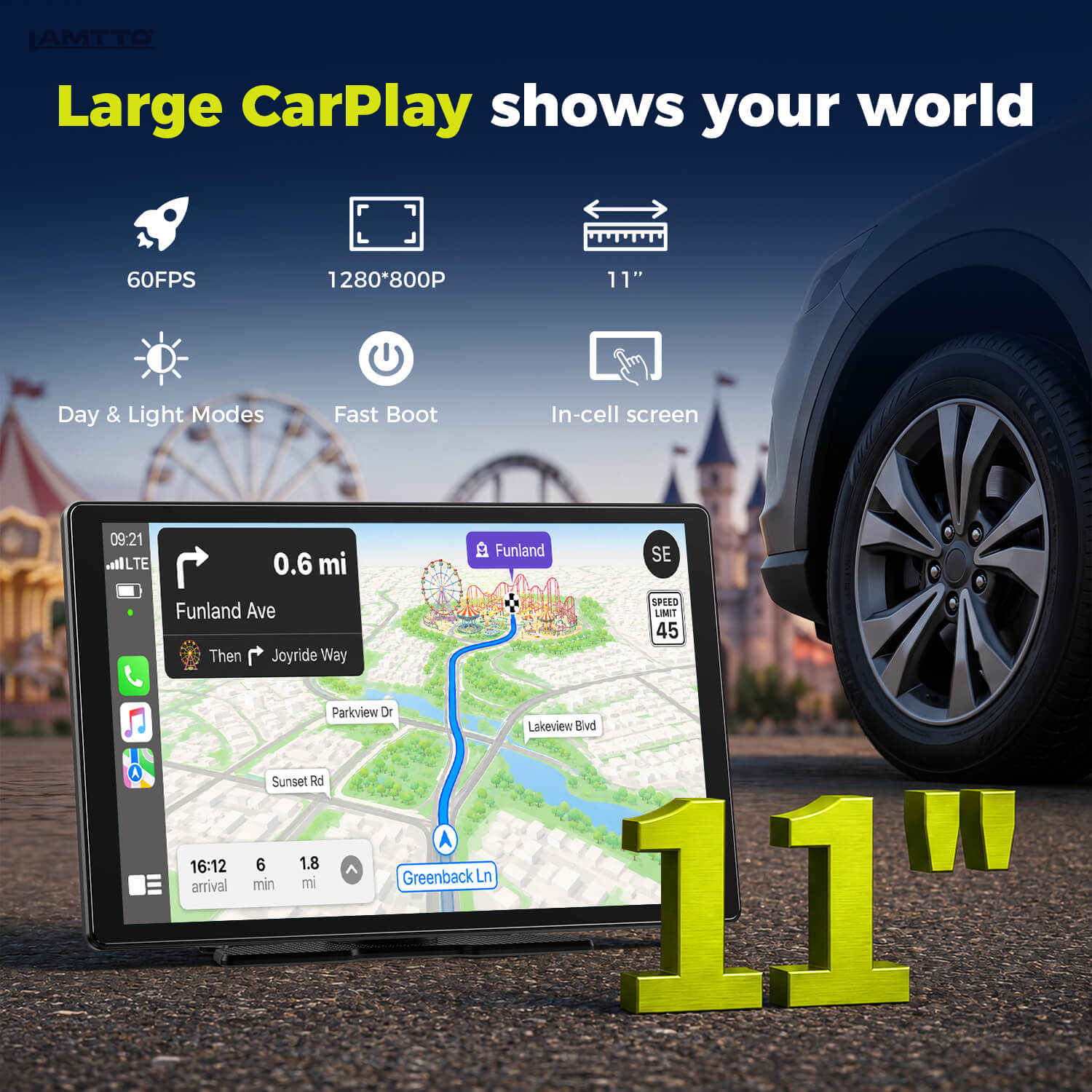 Lamtto RC37 11-inch portable car screen display showing a 50 percent larger view than standard 7-inch factory monitors