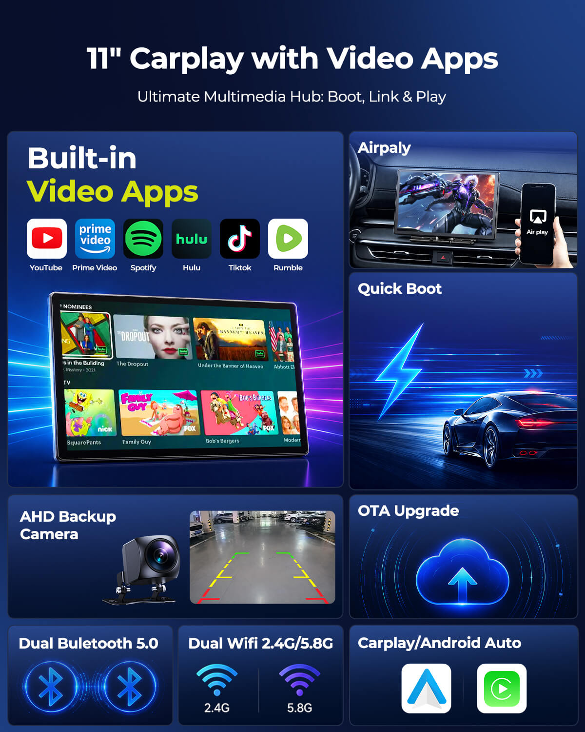 LAMTTO RC35 11" Wireless CarPlay Screen — Built-in YouTube, Prime Video, Spotify, TikTok, Hulu, AirPlay, AHD Backup Camera, Dual Bluetooth, OTA Update
