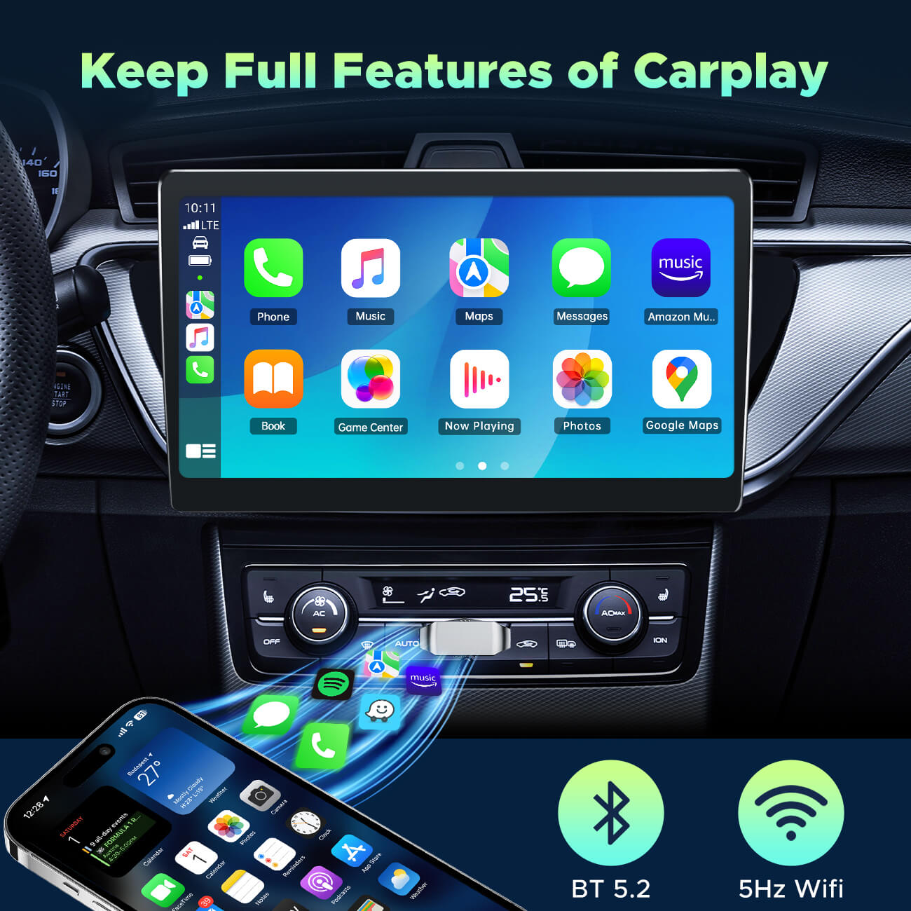 LAMTTO RC22 2 in 1 Wireless Adapter Converts Wired to Wireless for Cars, Plug & Play, iOS 10+ & Android 12+