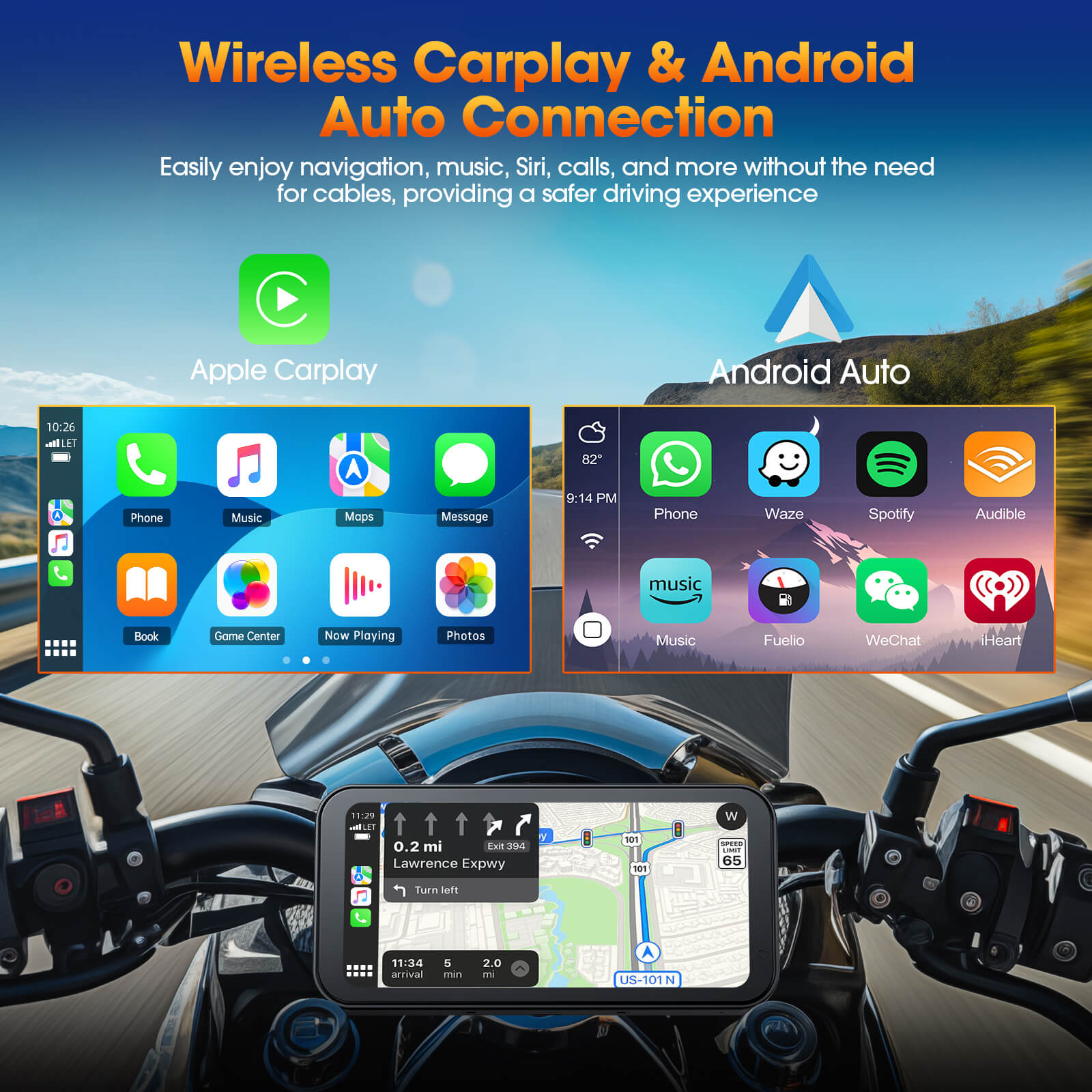 LAMTTO RC15 6.25" Motorcycle Audio Touch Screen Wireless Carplay/Android Auto for Motorcycle