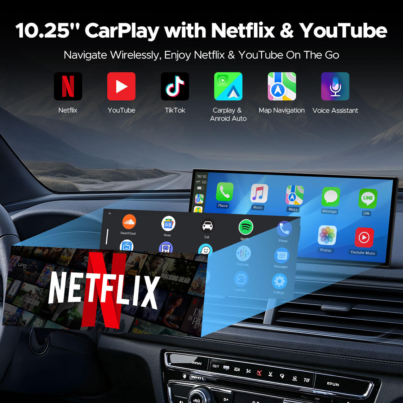 Car dashboard with a 10.25" CarPlay display featuring Netflix, YouTube, and other apps.