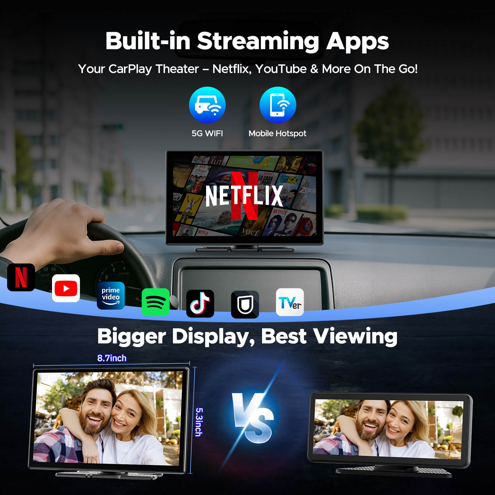 LAMTTO RC30 9‘’ Carplay Screen with Netflix YouTube and 1080P Backup Camera