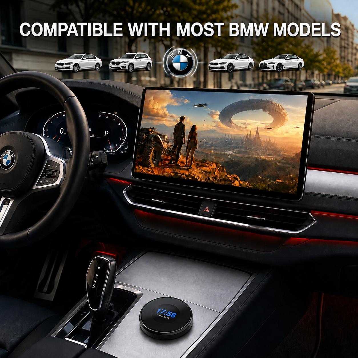 LAMTTO RC31 wireless CarPlay AI box installed in BMW dashboard display showing cinematic video playback