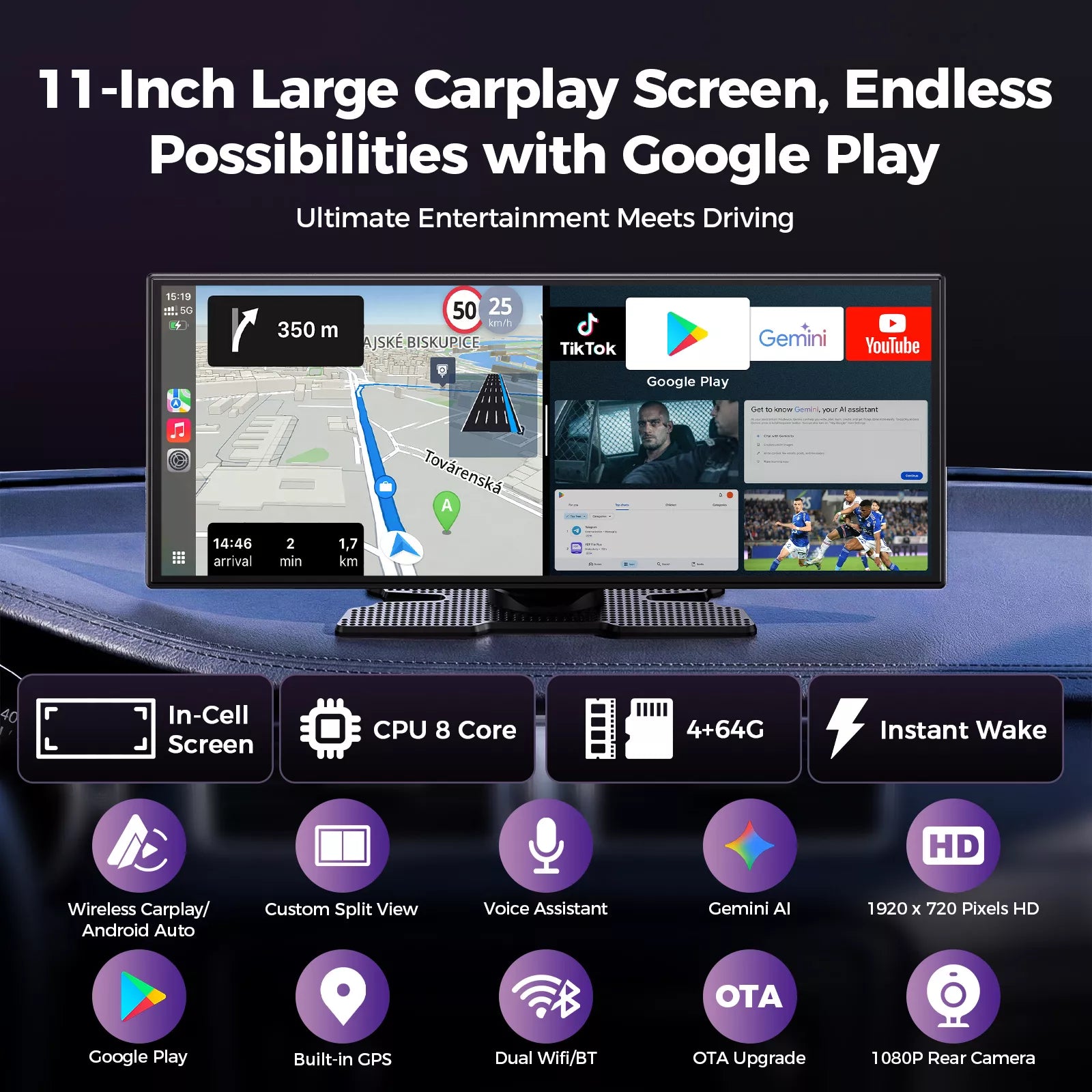 LAMTTO RC32 11’’ AI Wireless CarPlay with Google Play & Gemini AI Display for Road Trip Entertainment