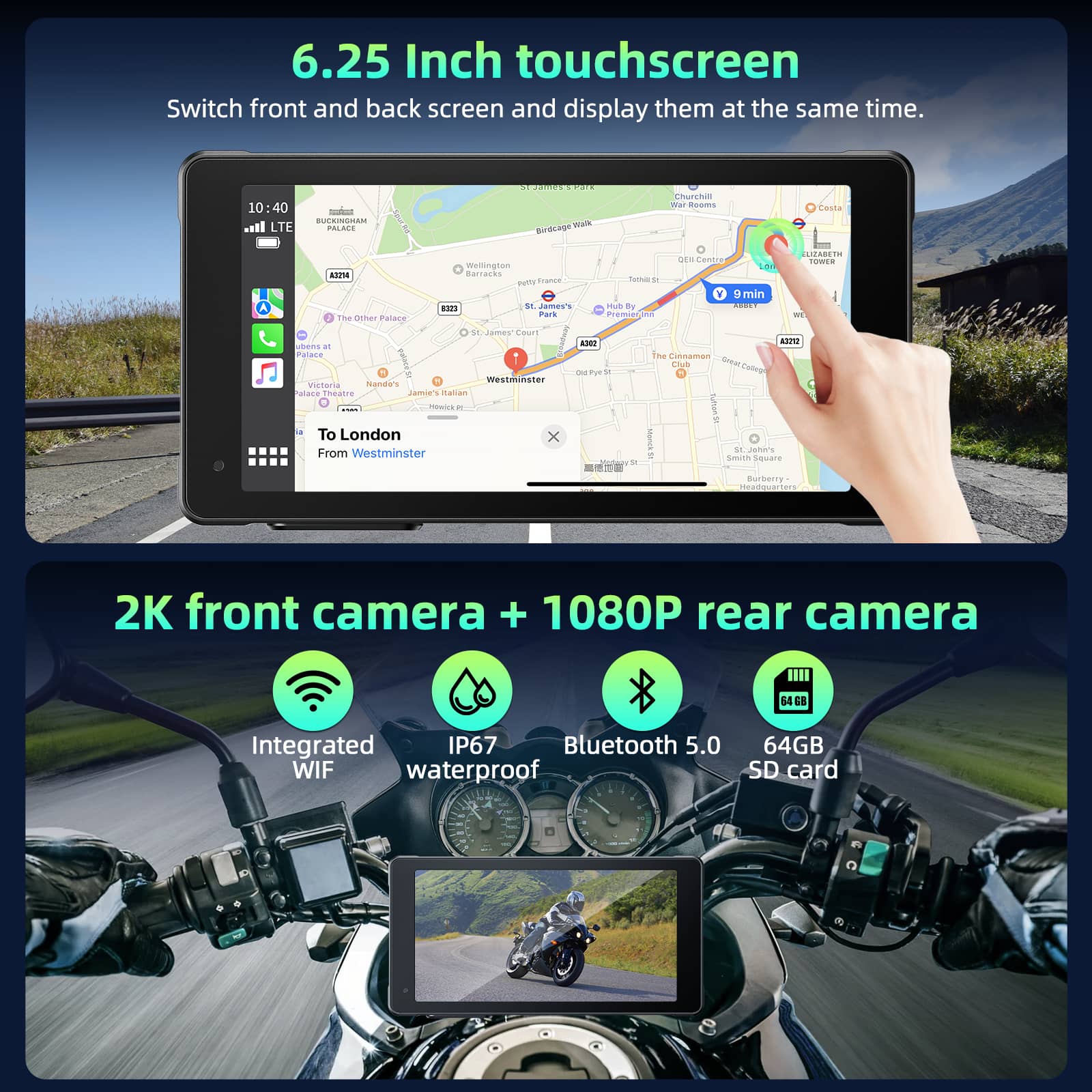 Lamtto RC12 5.5” DVR Motorcycle Stereo Wireless Car Radio Carplay Touchscreen With Front & Rear 2K + 1080P Dash Cam