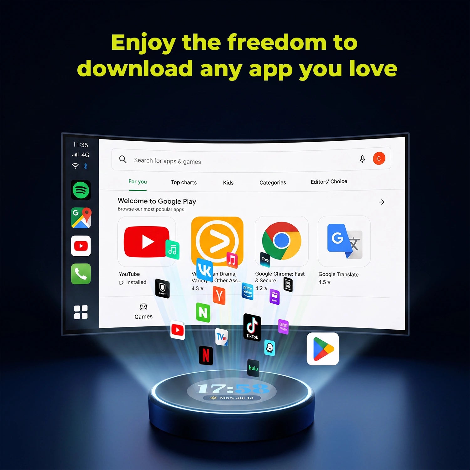 LAMTTO RC31 Android 15 AI Box streaming Google Play Store apps like YouTube and Netflix to car screen