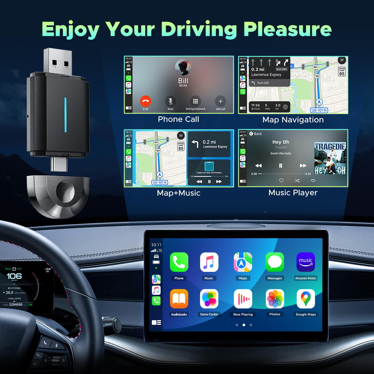 LAMTTO RC20 Upgrade 2 in-1 Wireless CarPlay/Android Adapter, Converts factory-wired CarPlay/Android to Wireless, Fit for All Cars from 2016