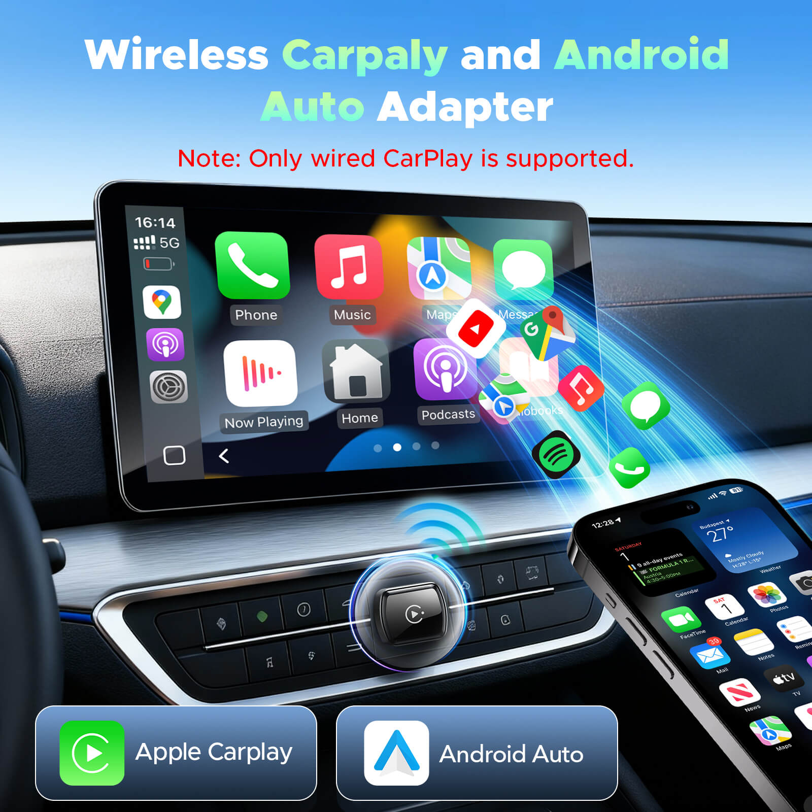 LAMTTO RC34 3 in 1 Ultra Mini Mirror Link Wireless CarPlay & Android Auto Adapter
