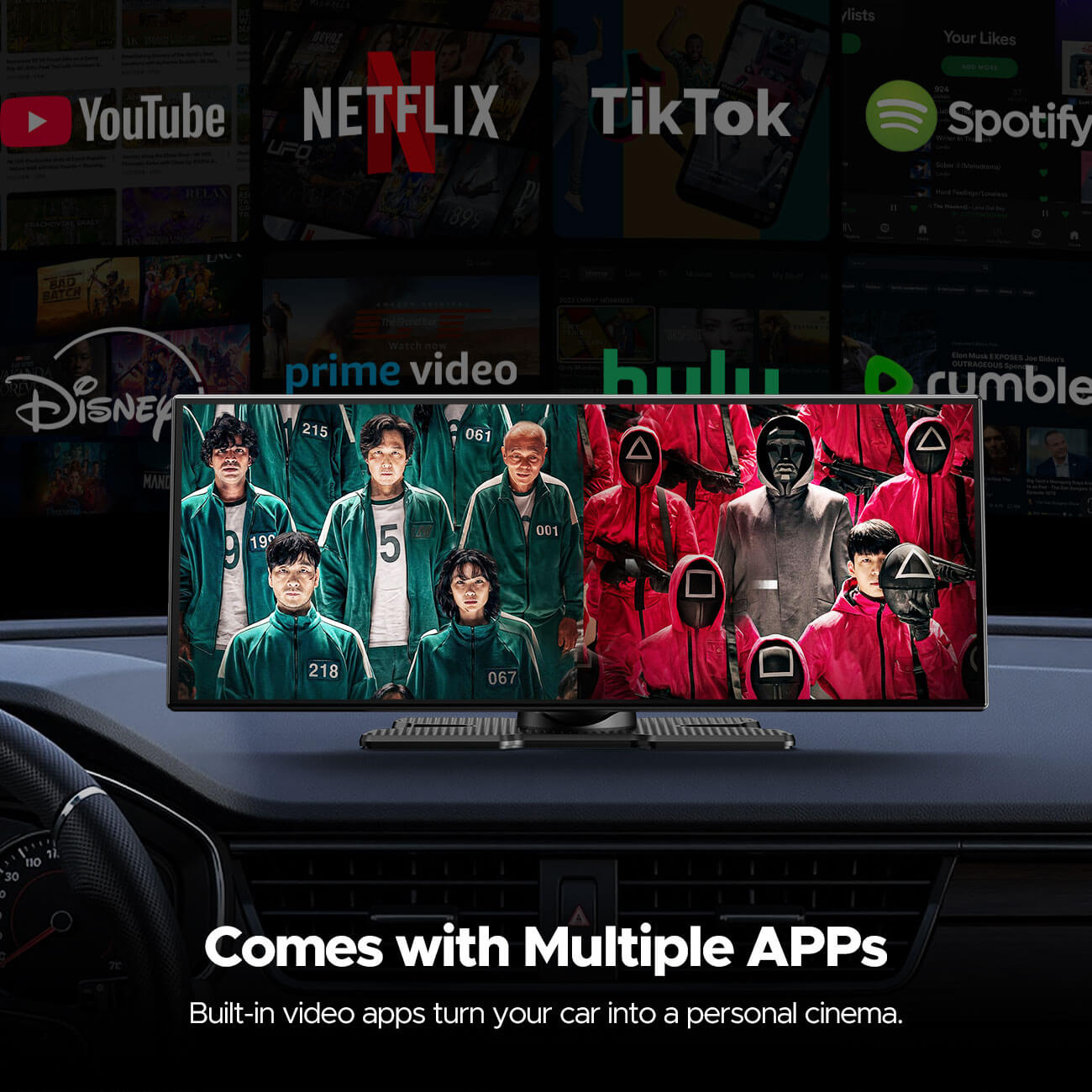 Car dashboard with a screen displaying multiple app icons including YouTube, Netflix, and others.