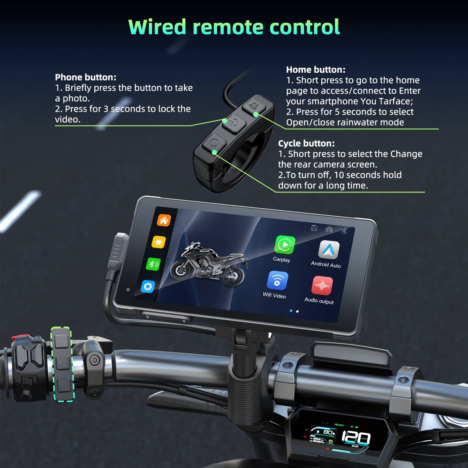 Lamtto RC12 5.5” DVR Motorcycle Stereo Wireless Car Radio Carplay Touchscreen With Front & Rear 2K + 1080P Dash Cam
