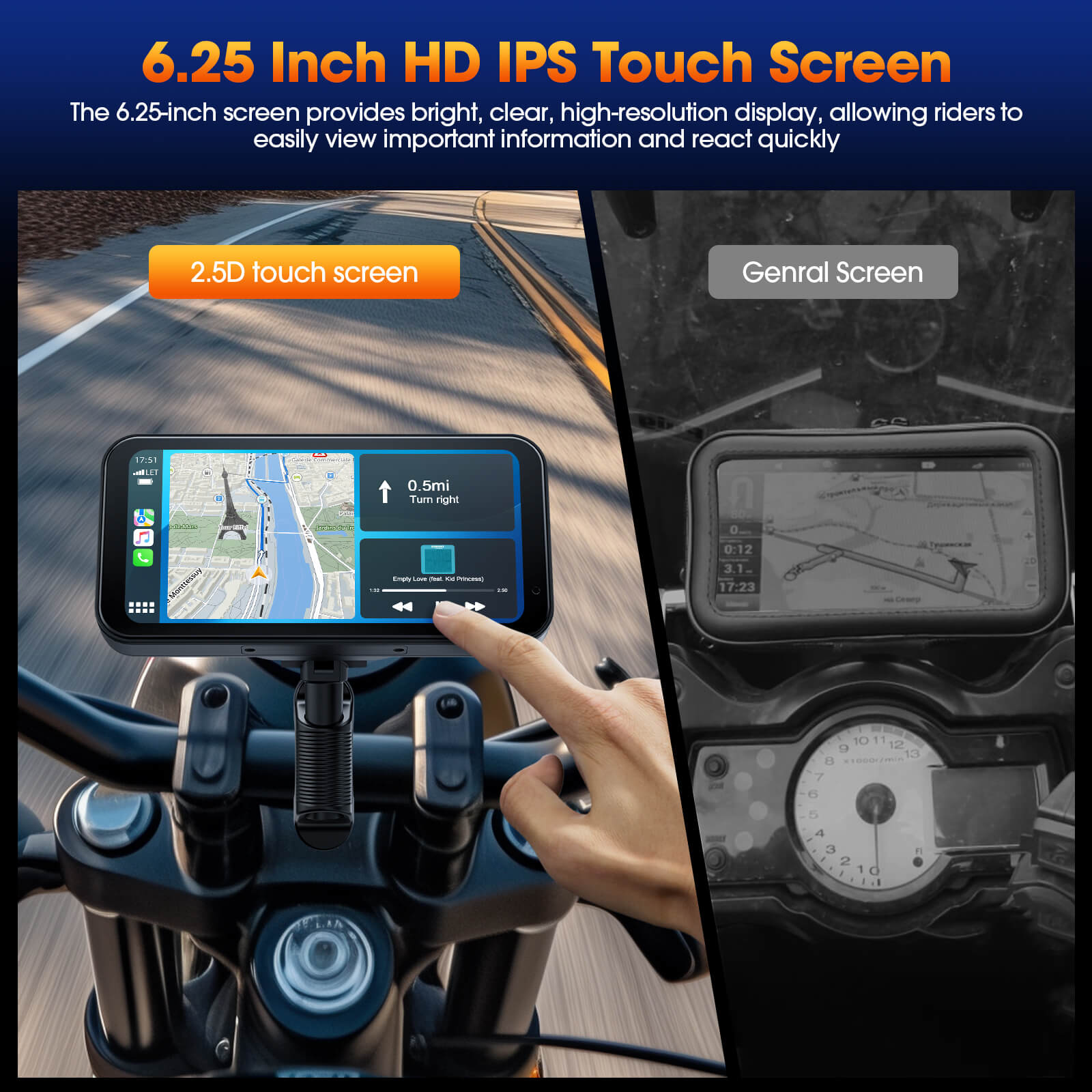 LAMTTO RC15 6.25" Motorcycle Audio Touch Screen Wireless Carplay/Android Auto for Motorcycle