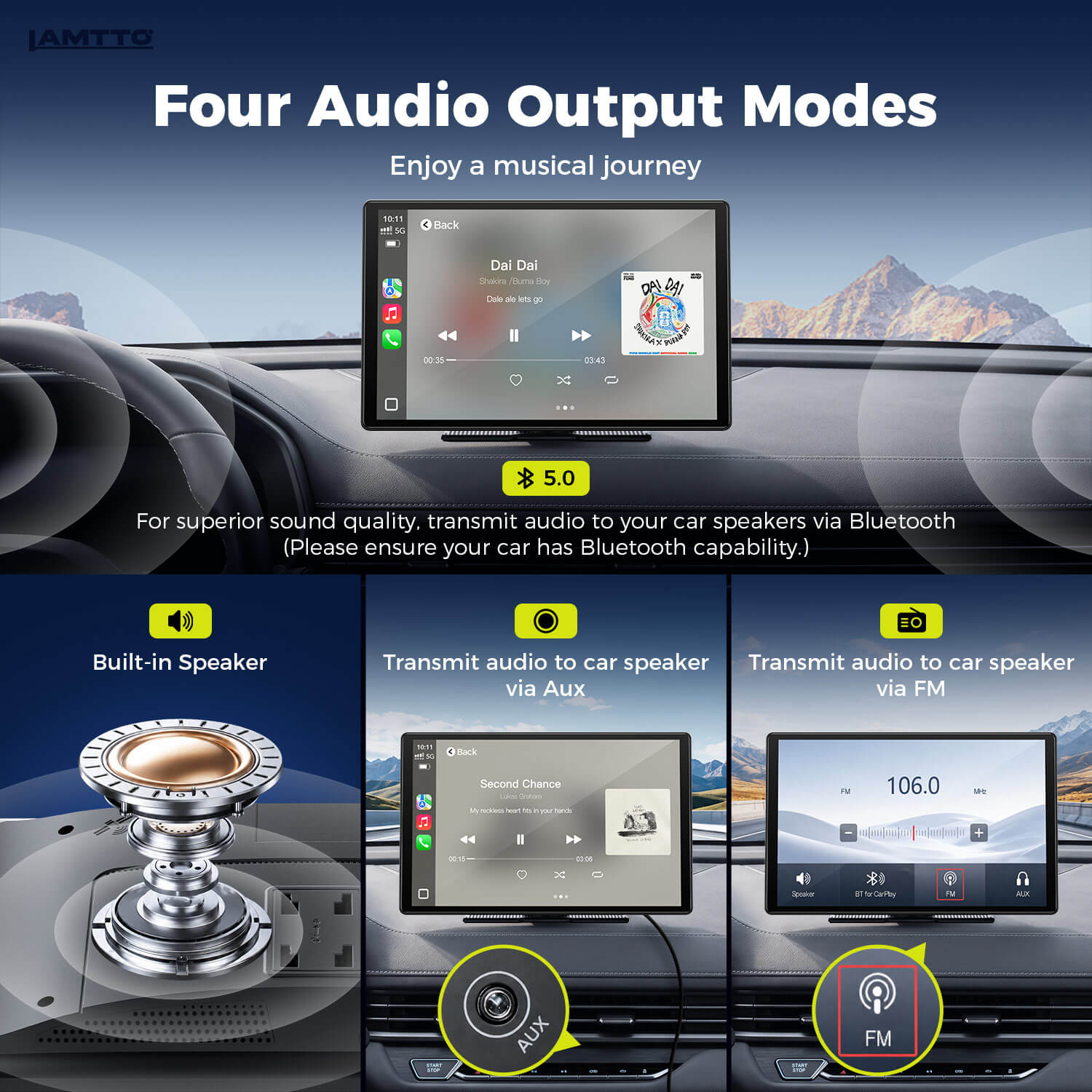 Four audio output modes of Lamtto RC37 portable car screen including Bluetooth 5.0, built-in speaker, AUX cable, and FM transmission