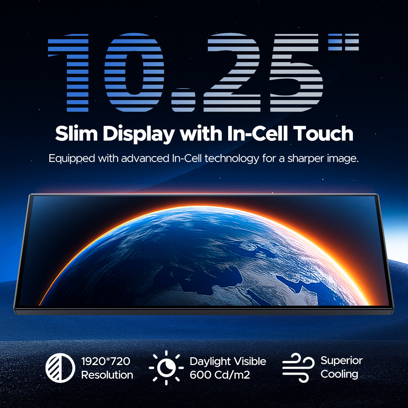 10.25-inch slim display with in-cell touch technology on a dark background