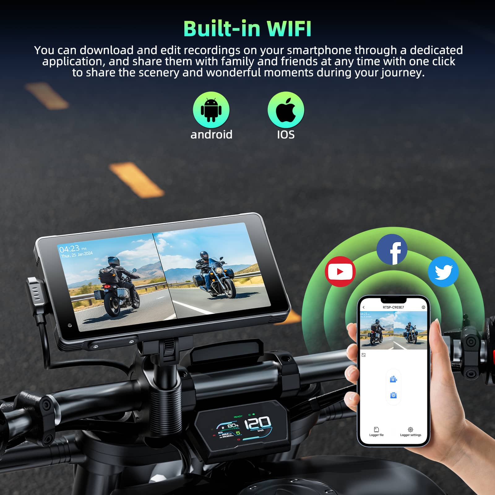 Lamtto RC12 5.5” DVR Motorcycle Stereo Wireless Car Radio Carplay Touchscreen With Front & Rear 2K + 1080P Dash Cam