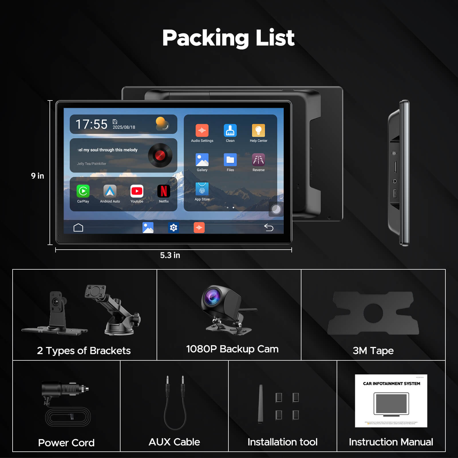 LAMTTO RC30 9‘’ Carplay Screen with Netflix YouTube and 1080P Backup Camera
