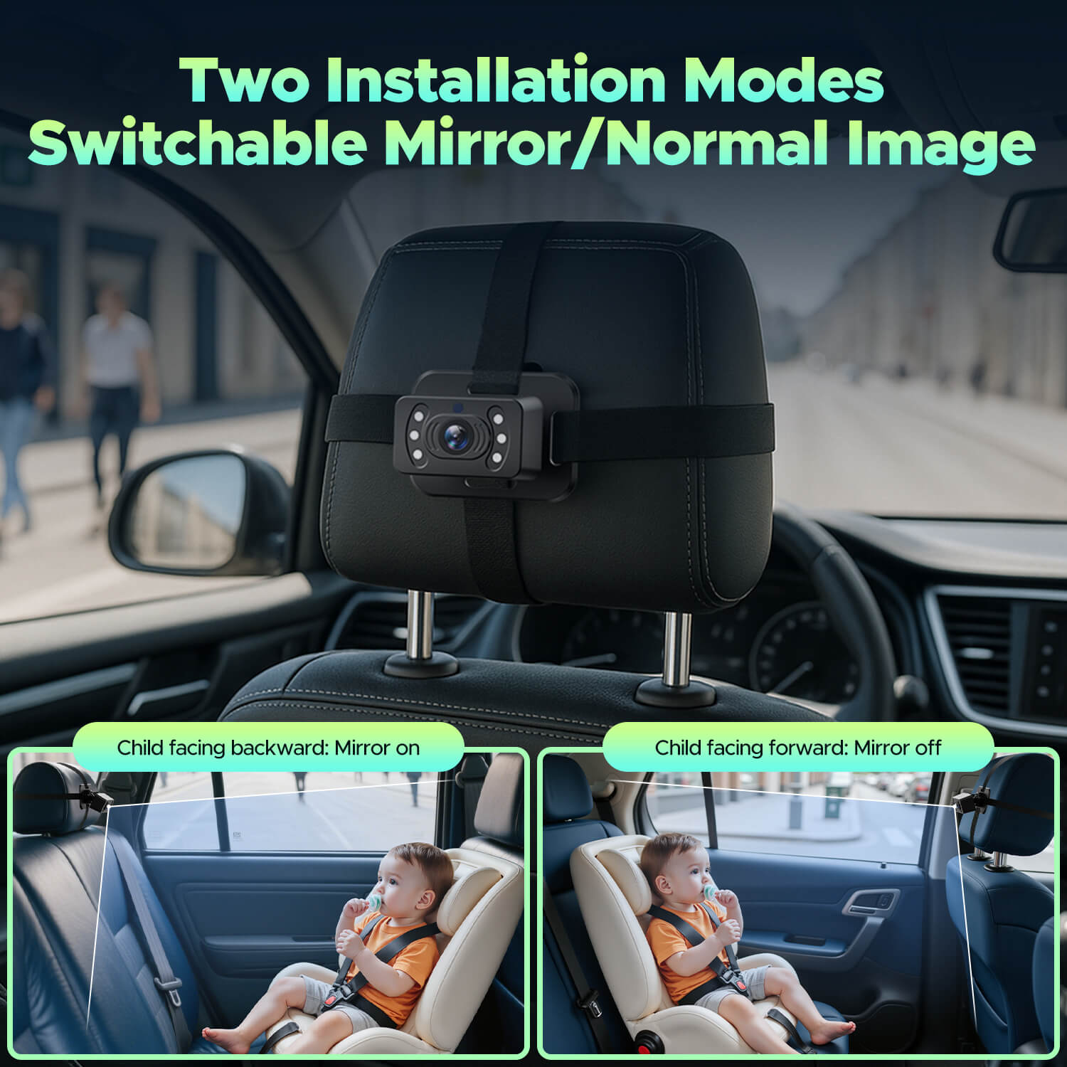 Car headrest monitor with two installation modes and child safety features.