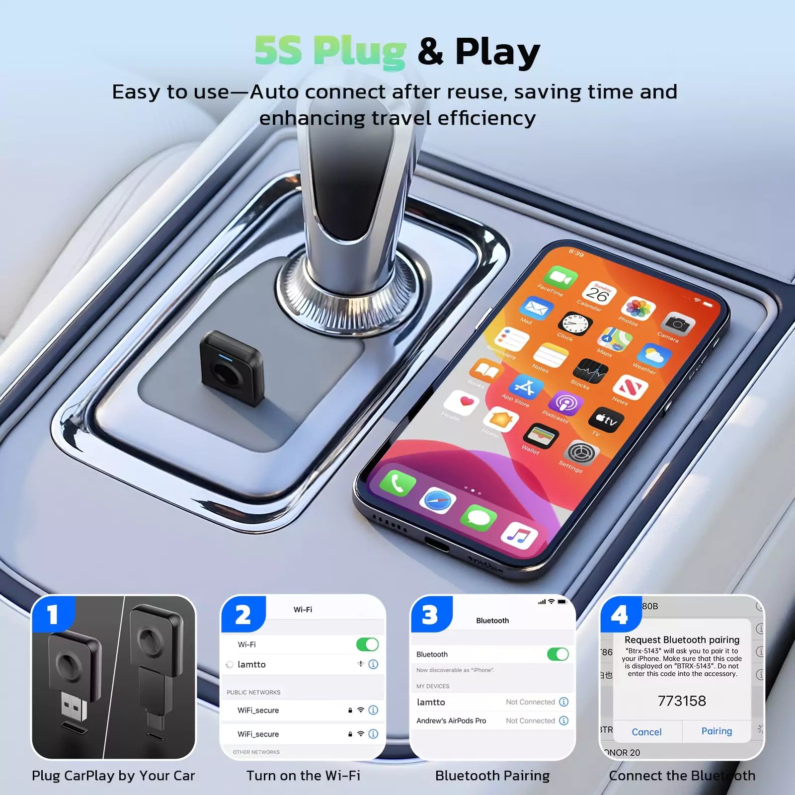 Lamtto RC24 Wireless CarPlay Adapter for Car With No delay & OTA