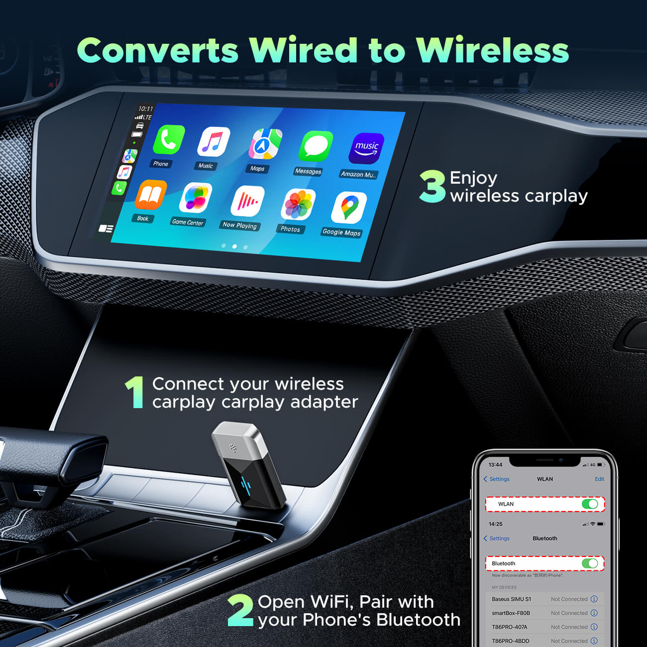 LAMTTO RC22 2 in 1 Wireless Adapter Converts Wired to Wireless for Cars, Plug & Play, iOS 10+ & Android 12+