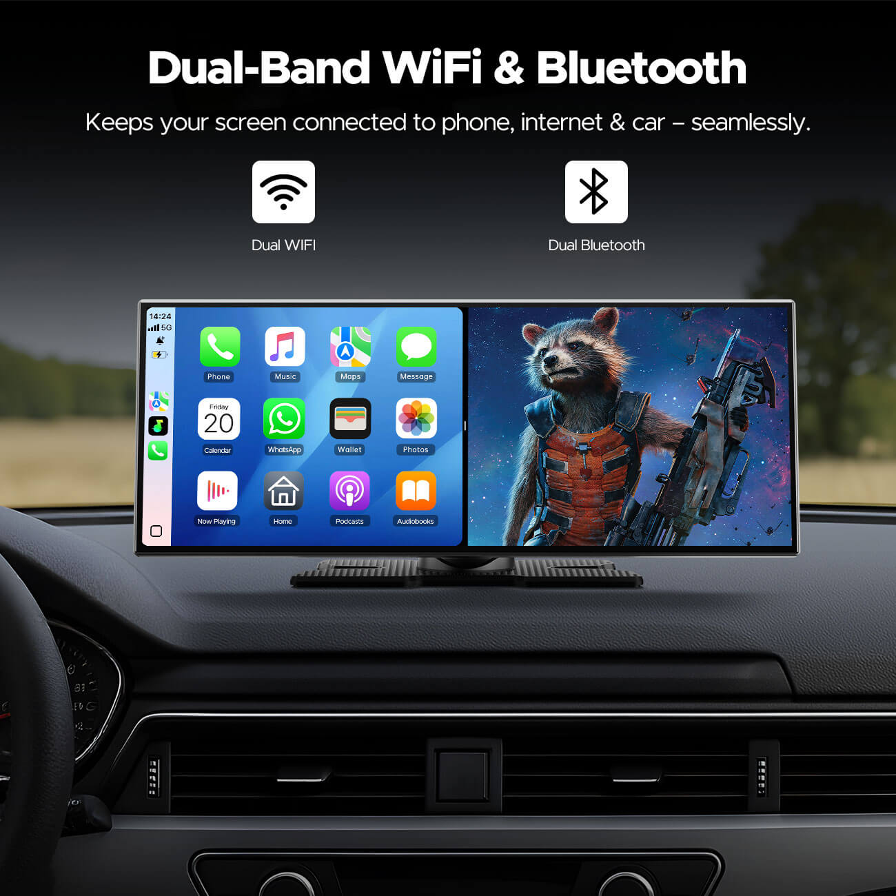 Car dashboard with a screen displaying dual-band WiFi and Bluetooth connectivity, featuring app icons and a character holding a gun.