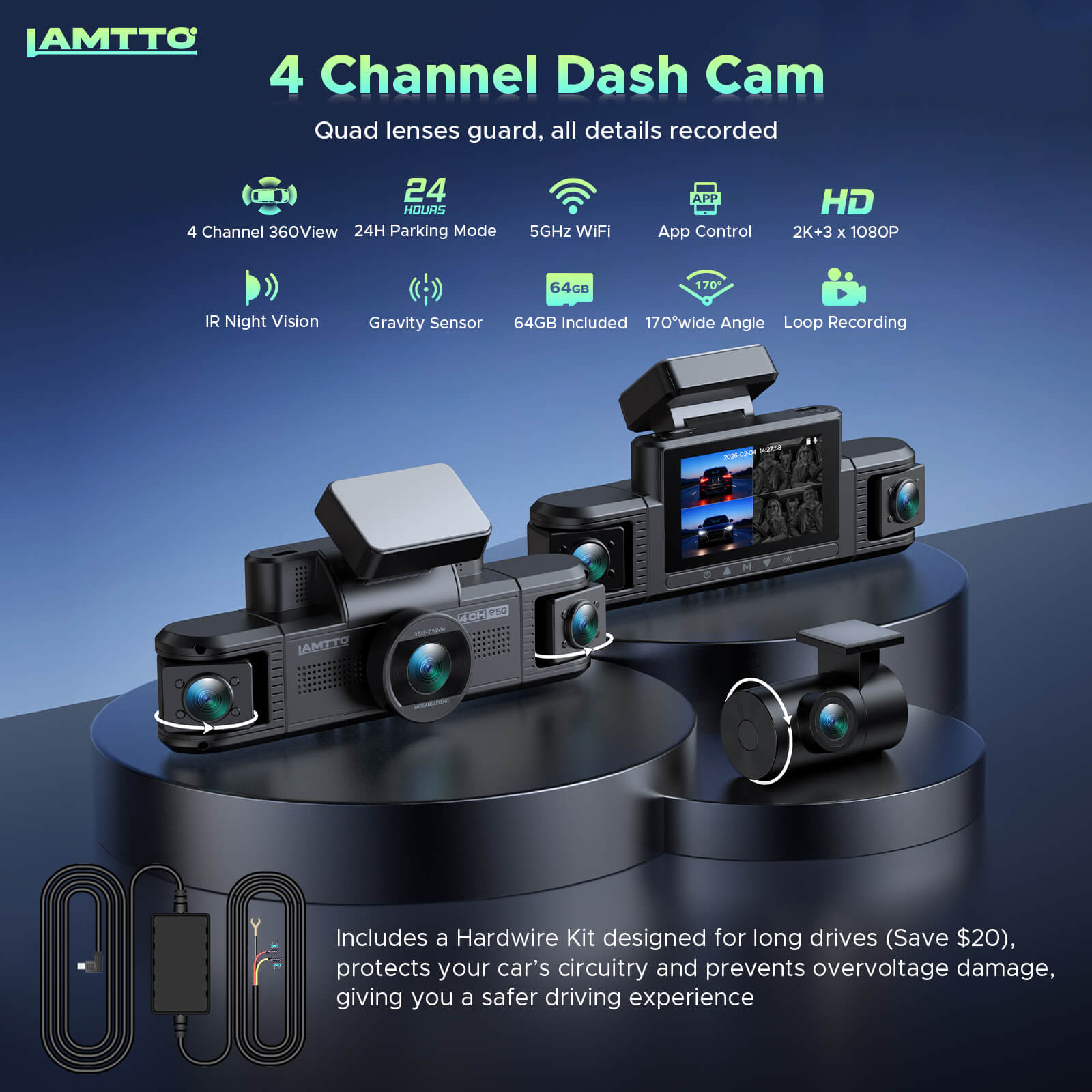 LAMTTO DC25 4-Channel Dash Cam with WiFi 360° Car Camera