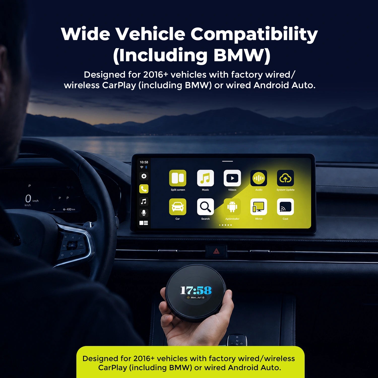 LAMTTO RC31 wireless Android 15 CarPlay AI adapter next to a smart car touchscreen display