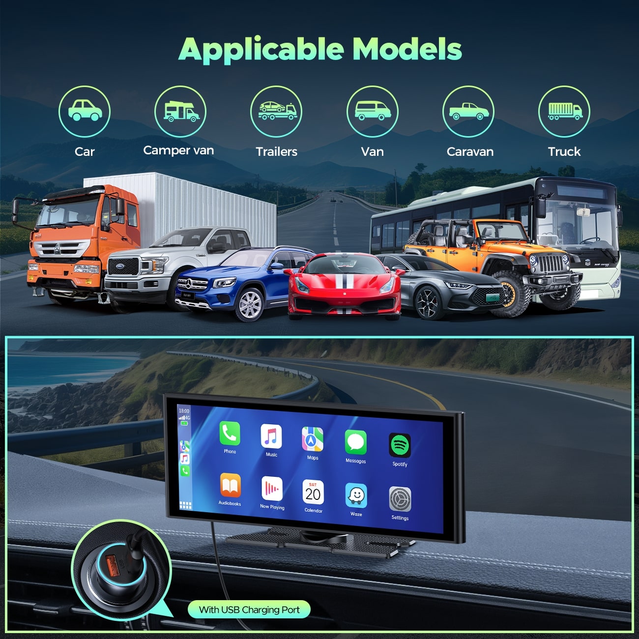 LAMTTO RC14 9.26" Wireless Car Stereo Receiver Protable Carplay Screen for Car with 4K Dash Cam