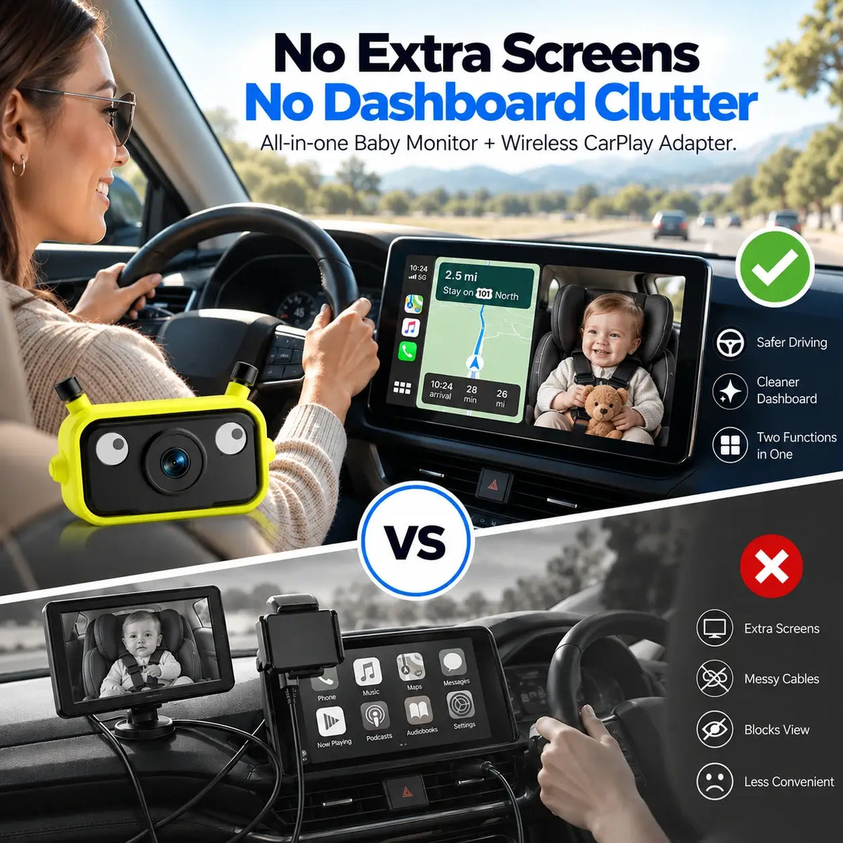 LAMTTO RC38 Baby Monitor Camera for Cars with Wireless CarPlay Adapter