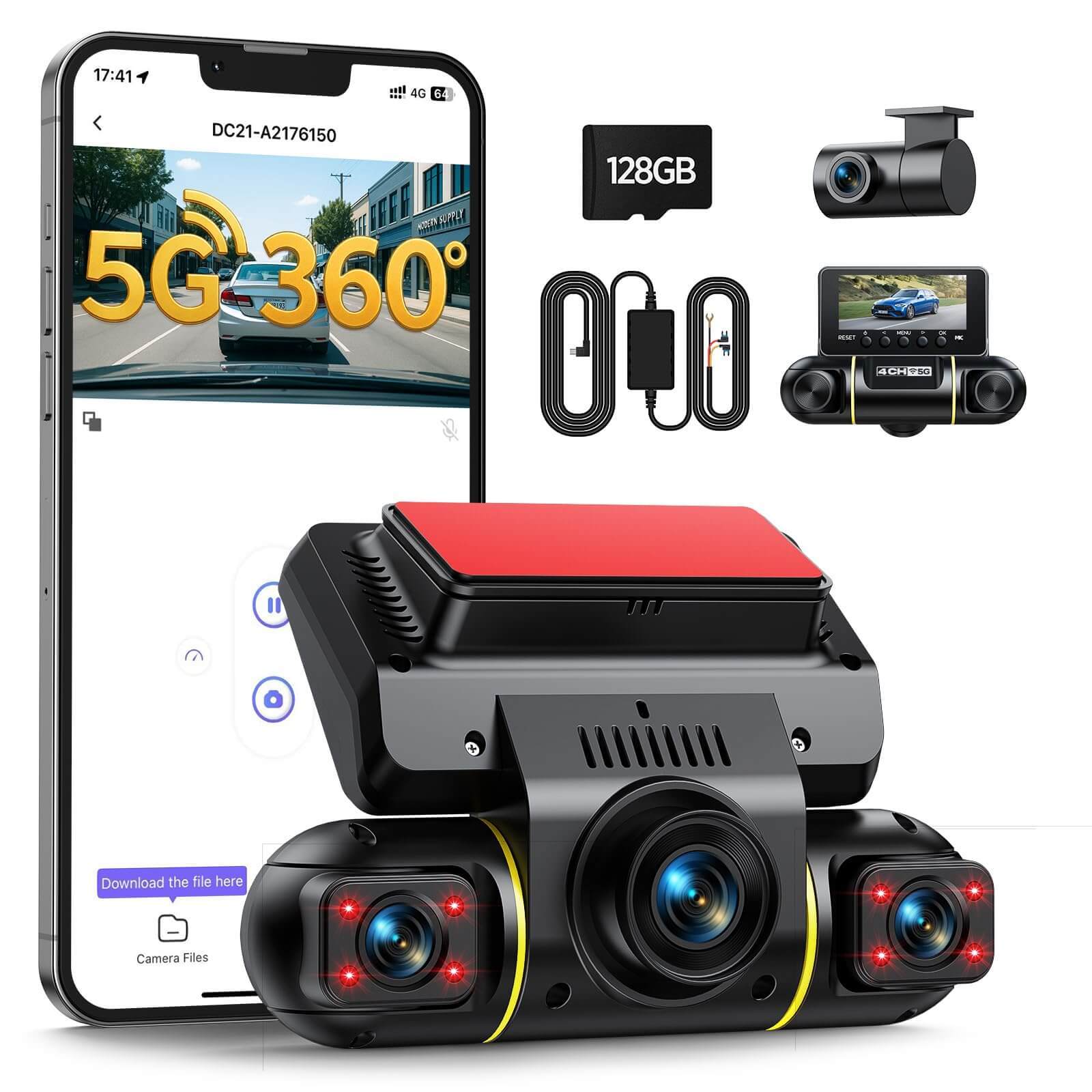 LAMTTO DC21 360° View 1080p FHD 4 Channel Dash Cam for Cars with 128GB Card