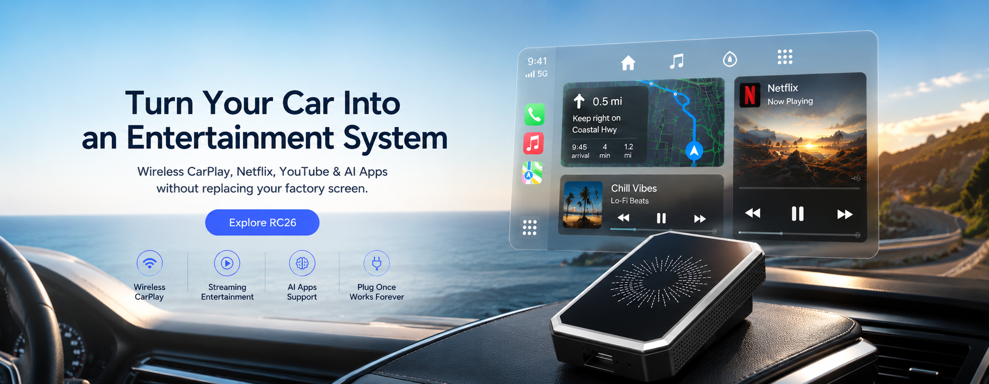 Experience a new generation of in-car entertainment with the RC26 Wireless CarPlay AI Box