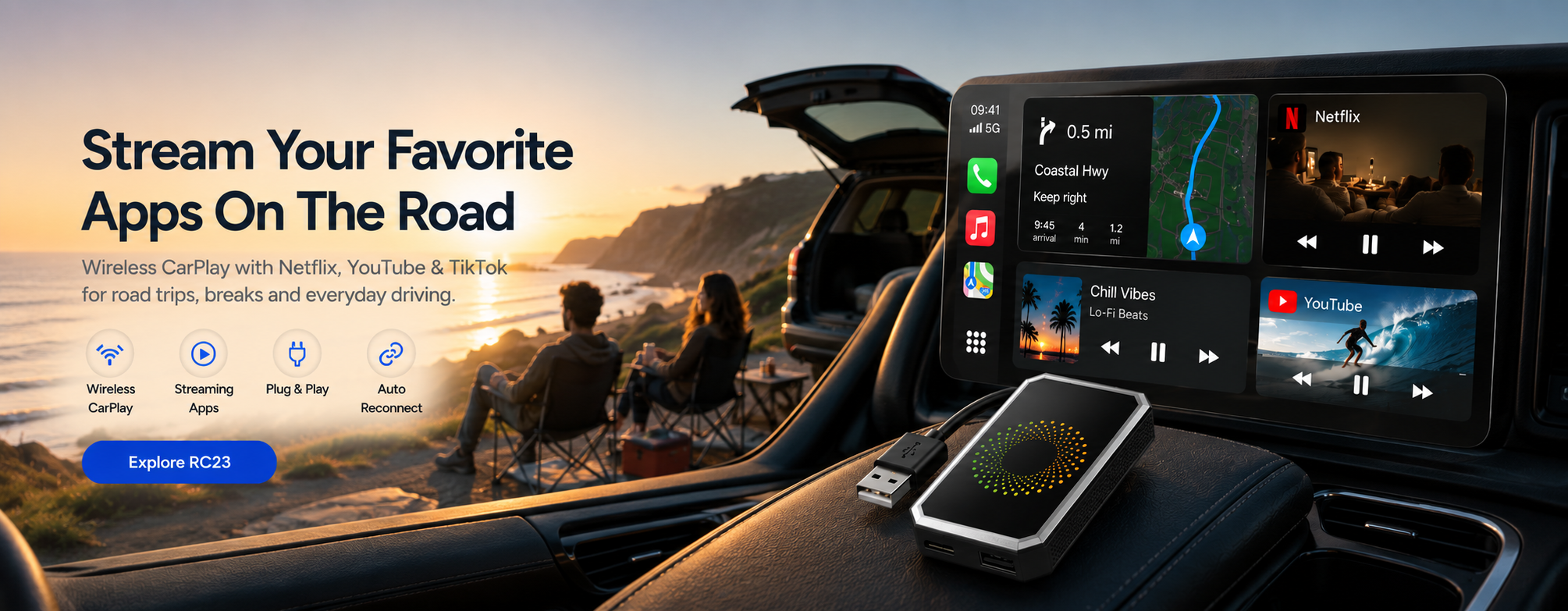 Wireless CarPlay with Netflix, YouTube & TikTok for road trips, breaks and everyday driving