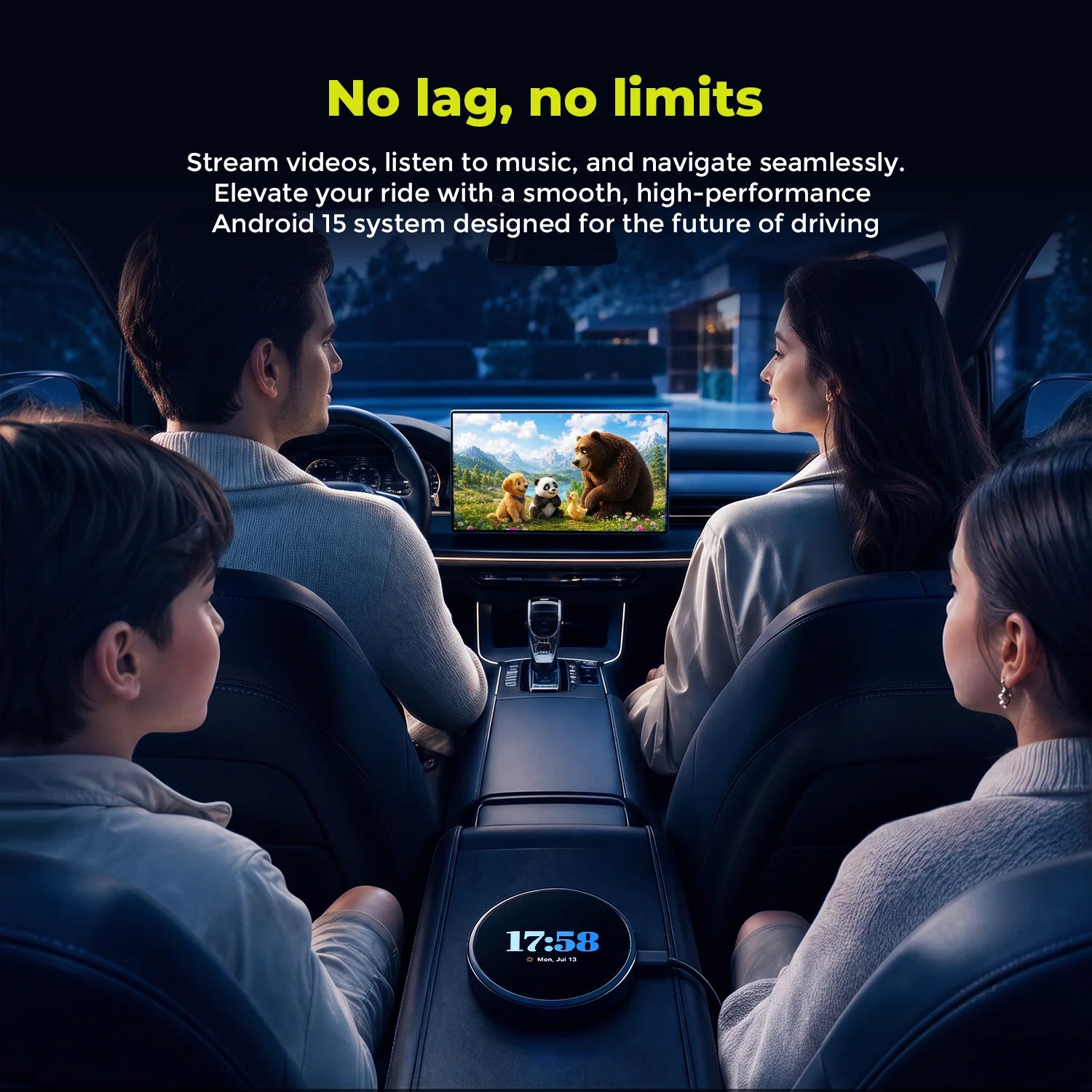Family enjoying seamless video streaming in car using LAMTTO RC31 Android 15 AI Box with zero lag