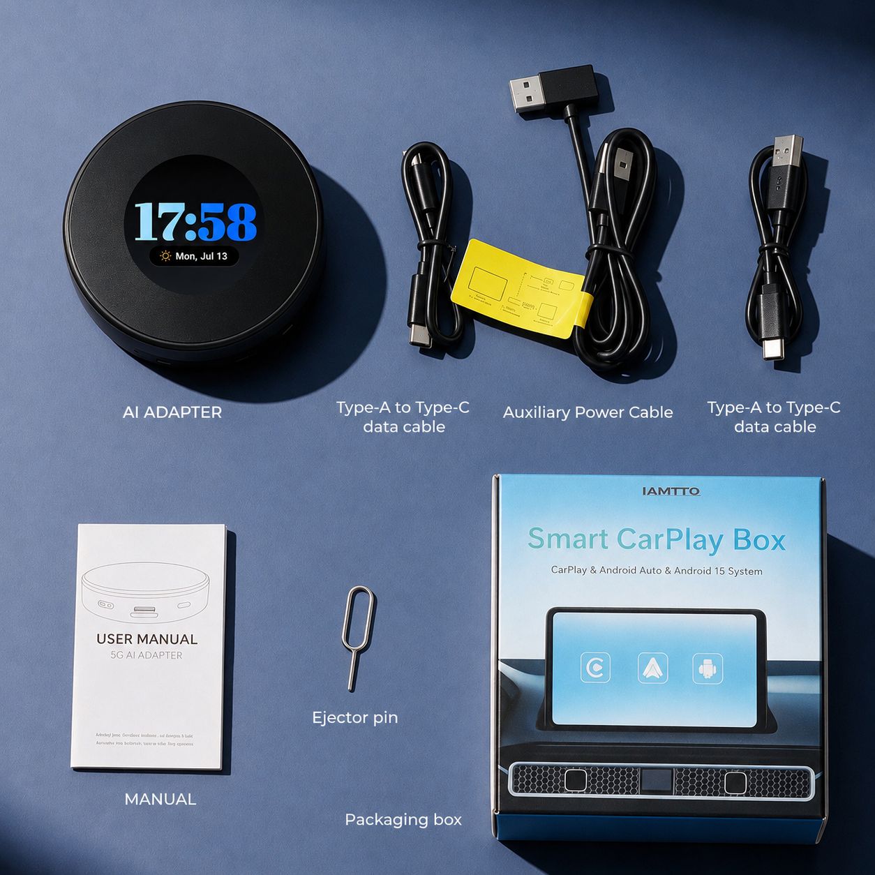 LAMTTO RC31 5G Smart CarPlay Box packaging contents including AI adapter, Type-C cables, ejector pin, and user manual