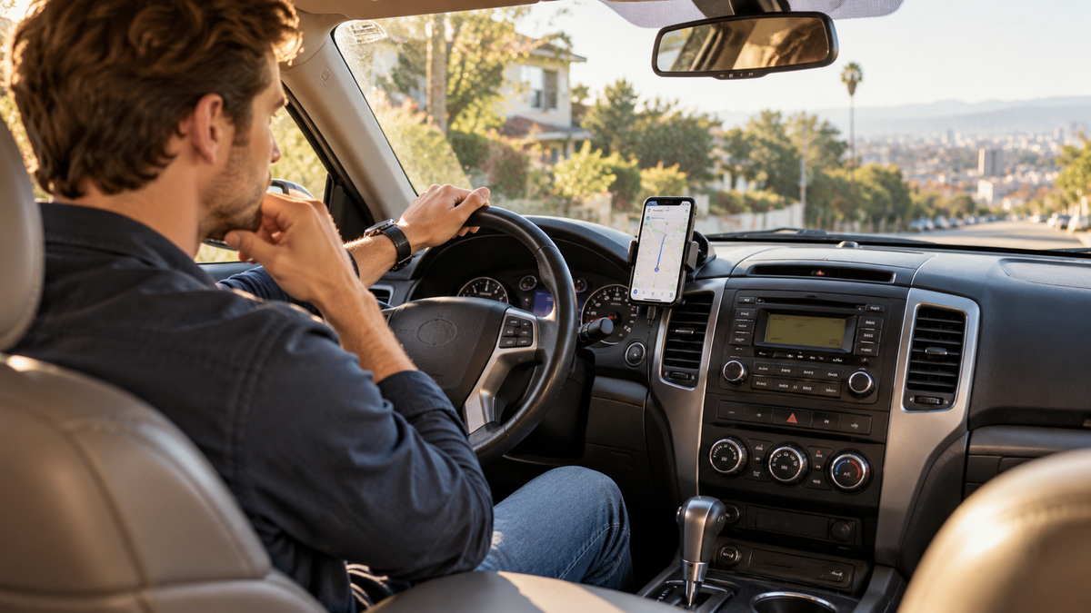 Older SUV dashboard with factory radio and smartphone navigation before a CarPlay upgrade