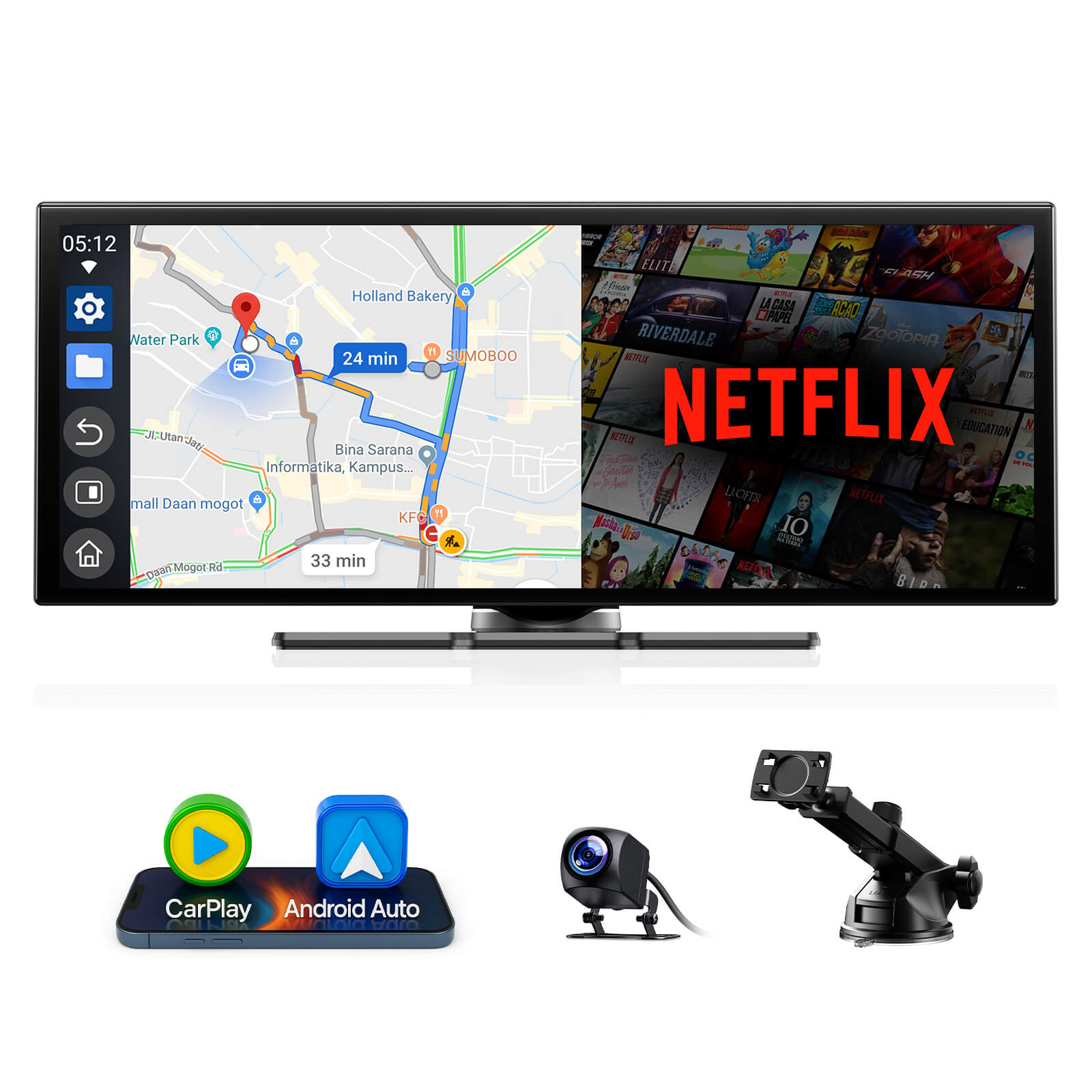 Car infotainment system with navigation and Netflix display, featuring CarPlay and Android Auto icons.
